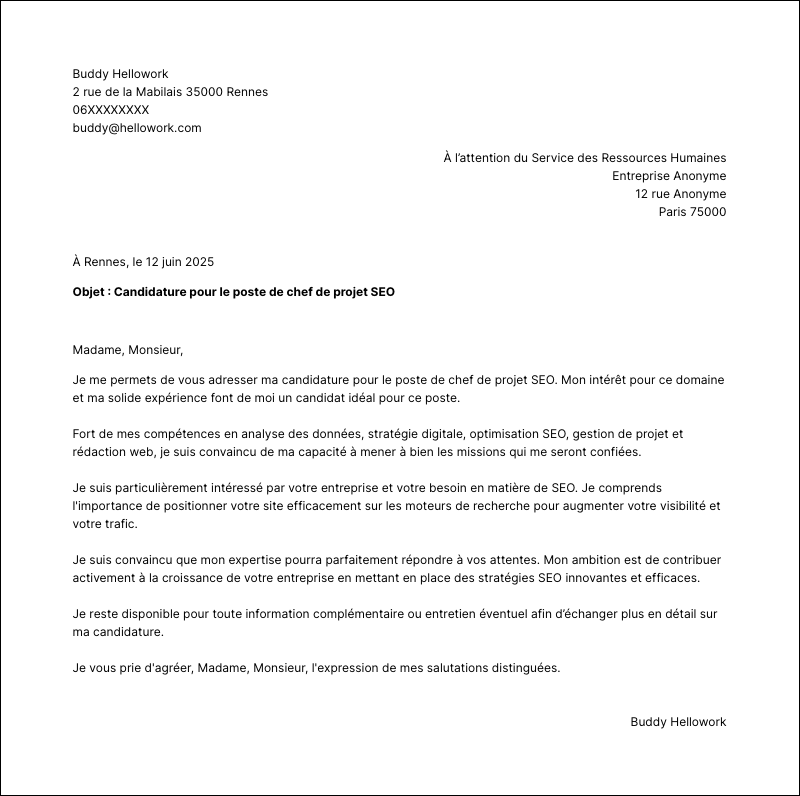Exemple lettre de motivation Chef de projet SEO