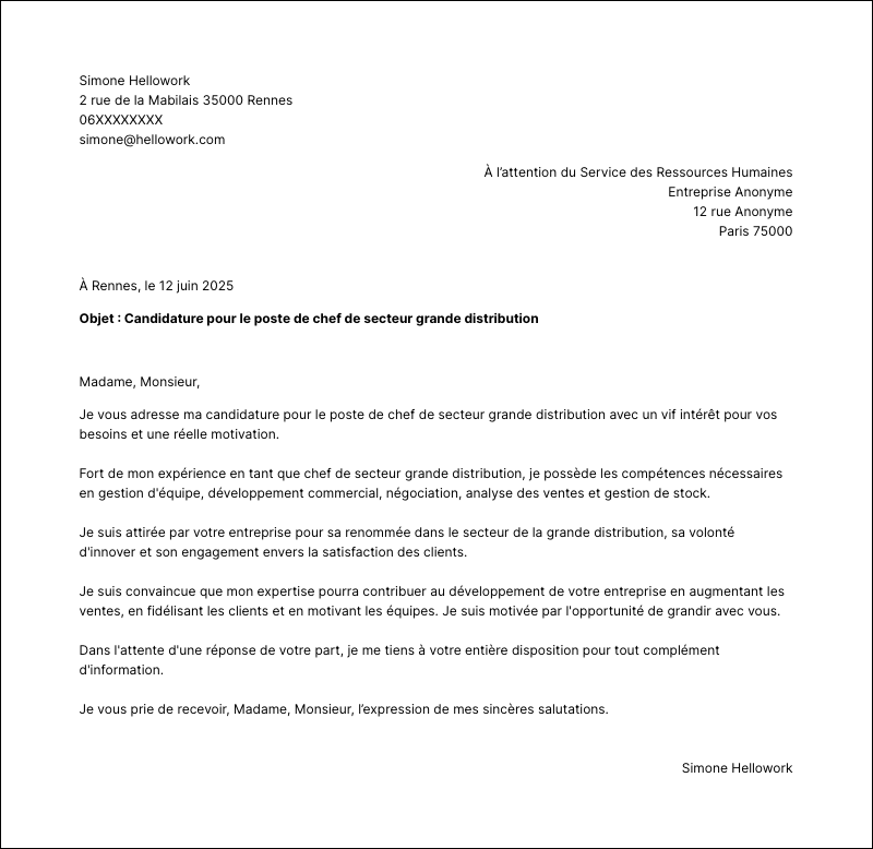 Exemple lettre de motivation Chef de secteur grande distribution