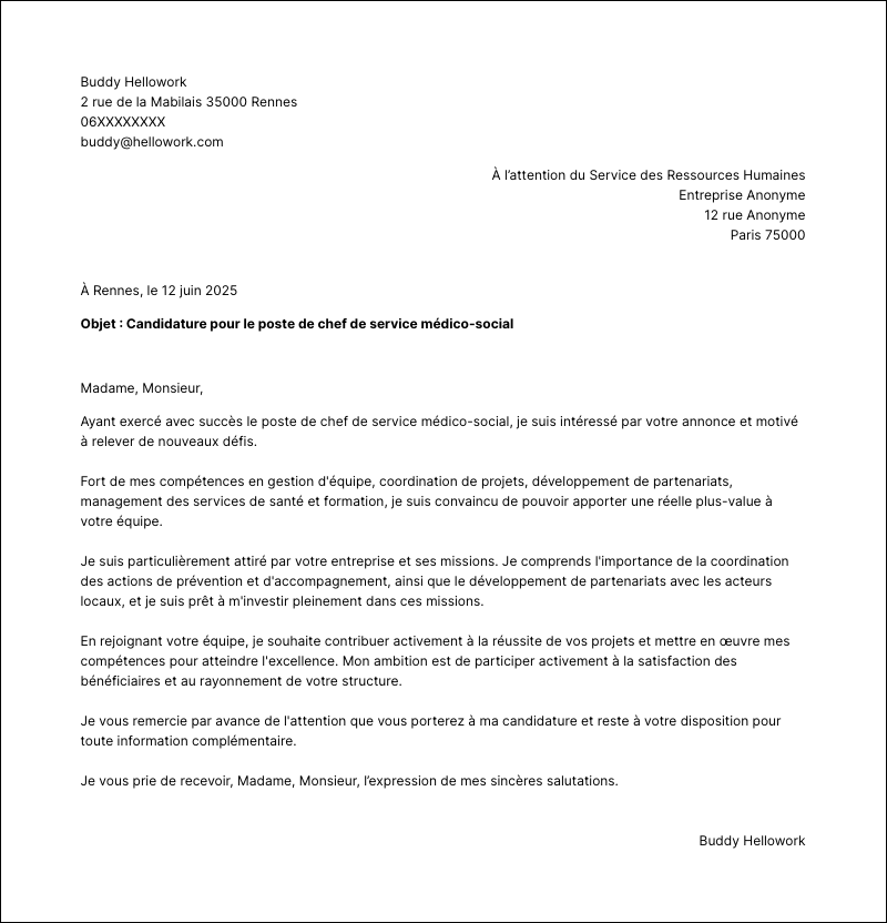 Exemple lettre de motivation Chef de service médico-social