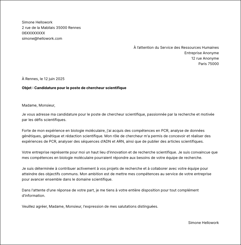 Exemple lettre de motivation Chercheur scientifique