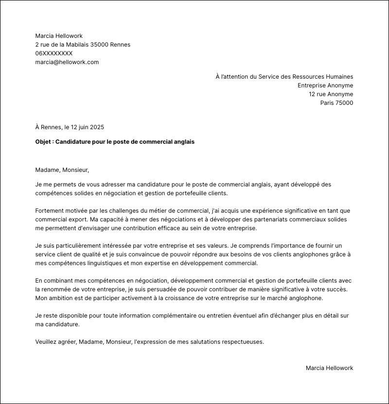Modèle lettre de motivation Commercial Anglais Exemple lettre de motivation Commercial Anglais