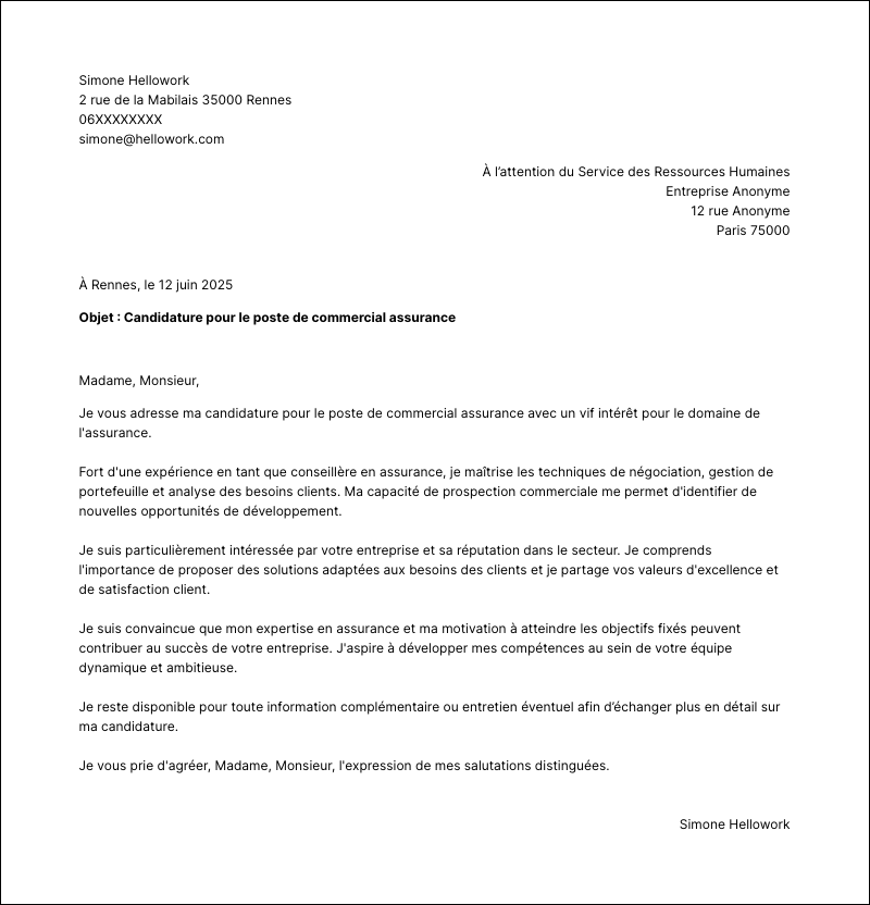 Modèle lettre de motivation Commercial assurance Exemple lettre de motivation Commercial assurance
