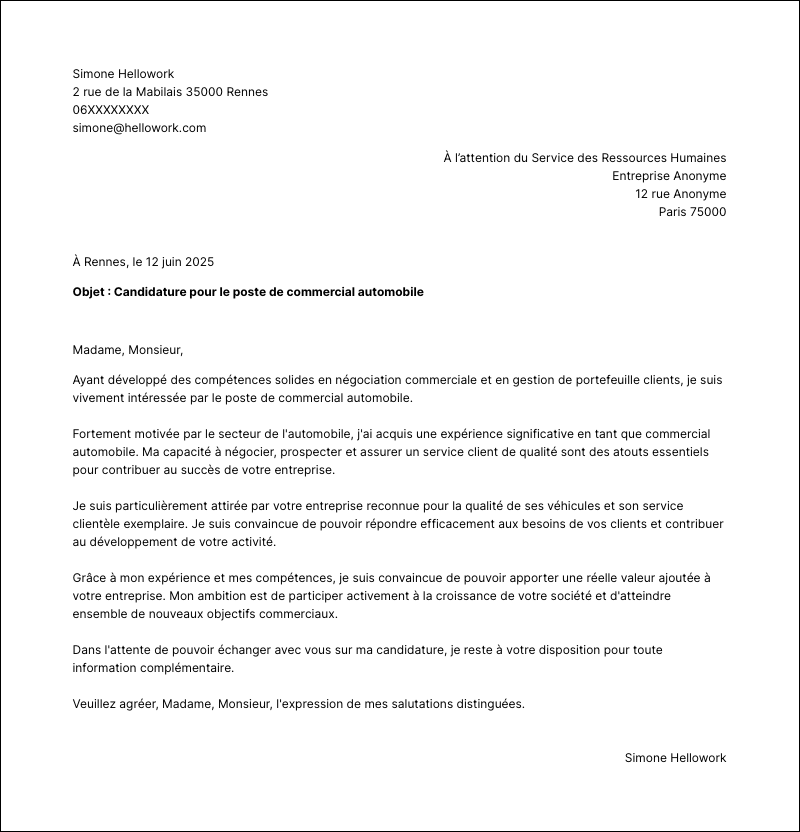 Modèle lettre de motivation Commercial automobile Exemple lettre de motivation Commercial automobile