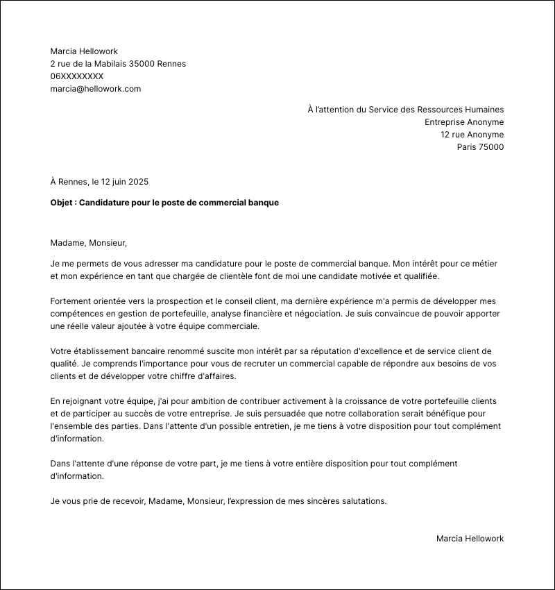 Modèle lettre de motivation Commercial banque Exemple lettre de motivation Commercial banque