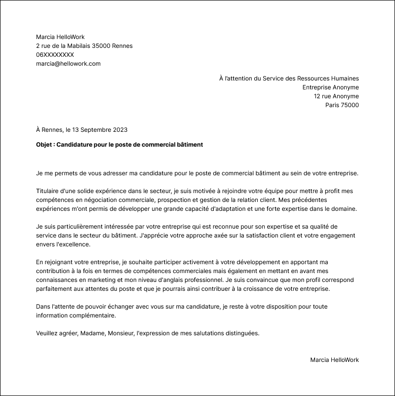 Exemple Lettre de Motivation Commercial bâtiment Hellowork — free download