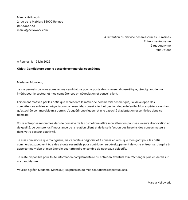 Modèle lettre de motivation Commercial cosmétique Exemple lettre de motivation Commercial cosmétique