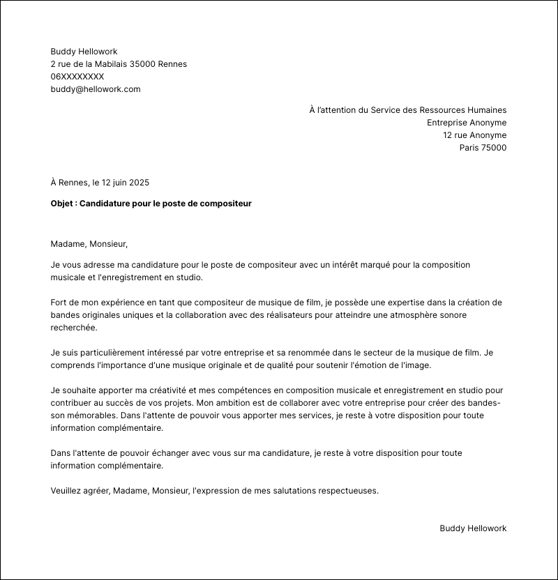 Modèle lettre de motivation Compositeur Exemple lettre de motivation Compositeur