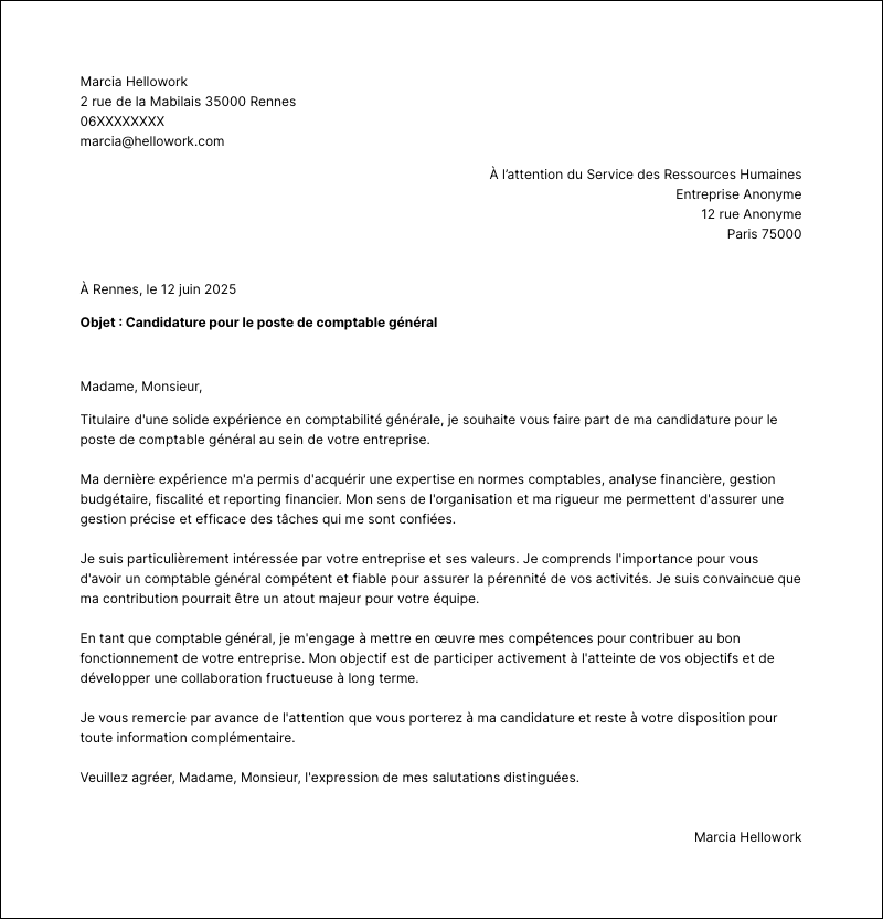Modèle lettre de motivation Comptable général Exemple lettre de motivation Comptable général