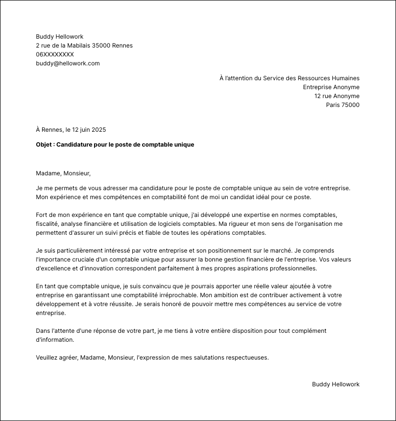 Modèle lettre de motivation Comptable unique Exemple lettre de motivation Comptable unique