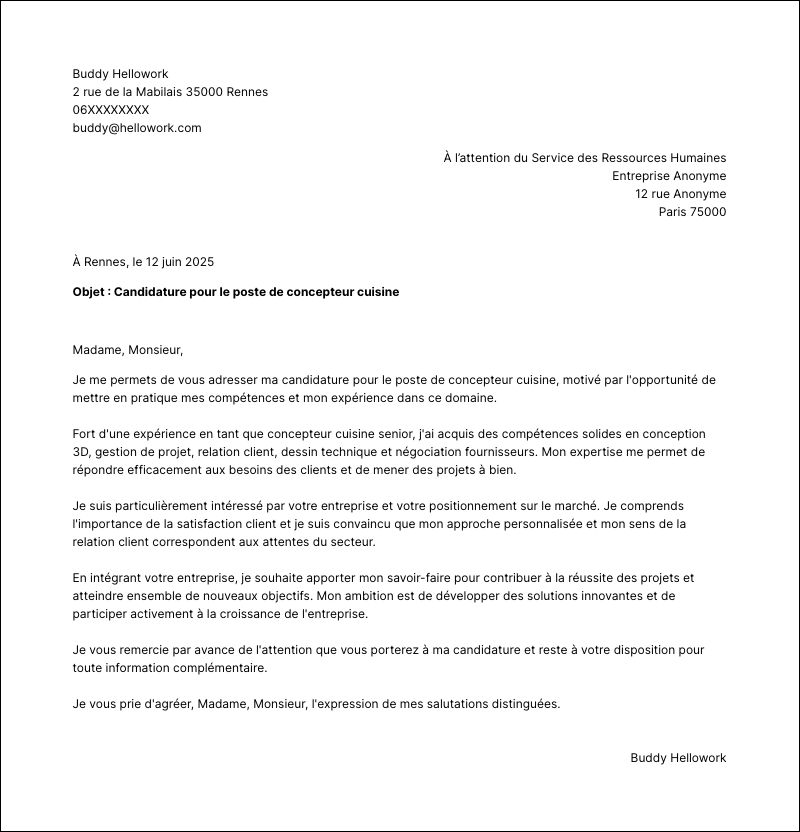 Modèle lettre de motivation Concepteur cuisine Exemple lettre de motivation Concepteur cuisine