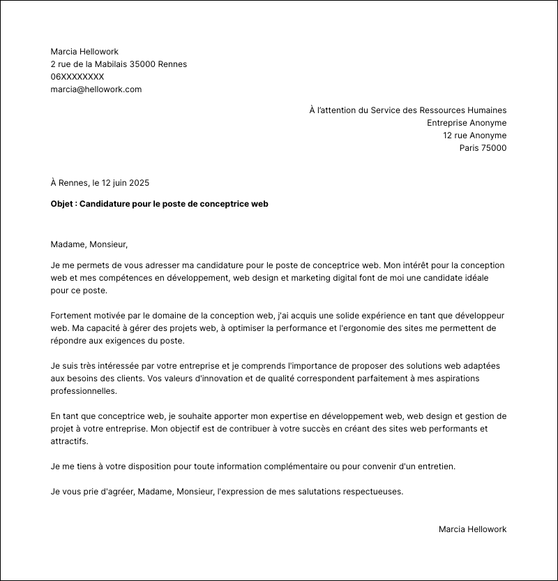 Modèle lettre de motivation Concepteur web Exemple lettre de motivation Concepteur web