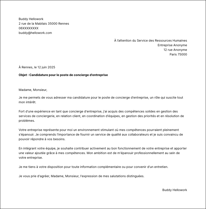 Modèle lettre de motivation Concierge d'entreprise Exemple lettre de motivation Concierge d'entreprise