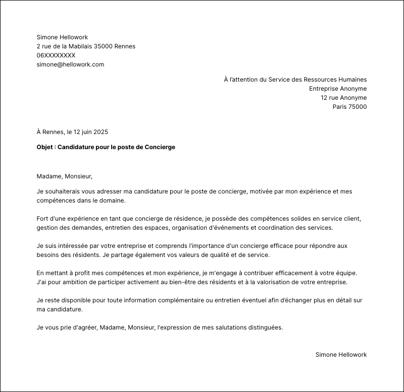 Modèle lettre de motivation Concierge Exemple lettre de motivation Concierge