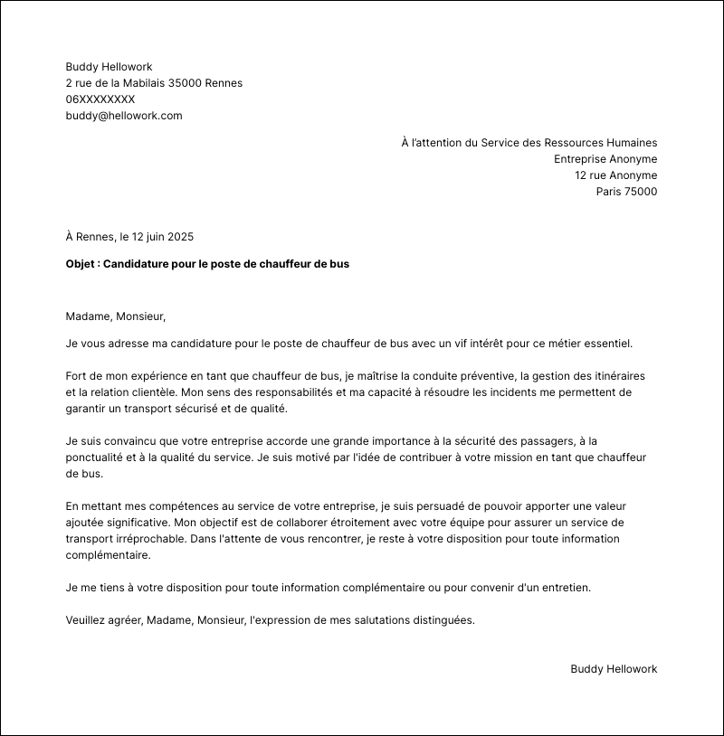 Modèle lettre de motivation Chauffeur de bus Exemple lettre de motivation Chauffeur de bus