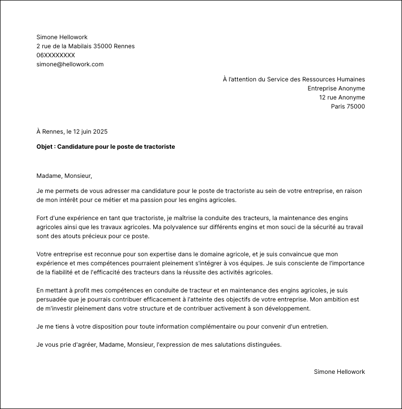 Modèle lettre de motivation Tractoriste Exemple lettre de motivation Tractoriste