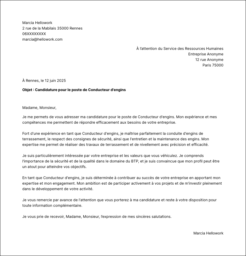Modèle lettre de motivation Conducteur d'engins Exemple lettre de motivation Conducteur d'engins