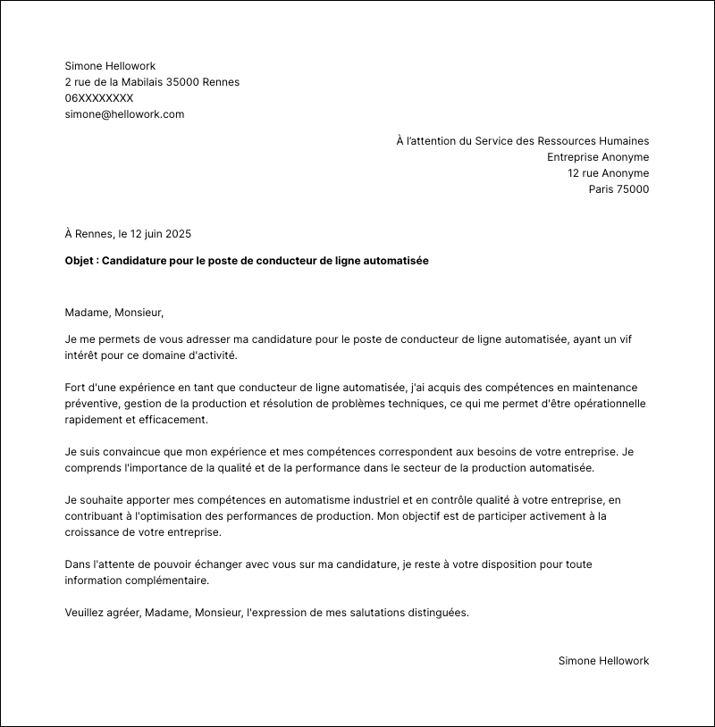 Modèle lettre de motivation Conducteur de ligne automatisée Exemple lettre de motivation Conducteur de ligne automatisée