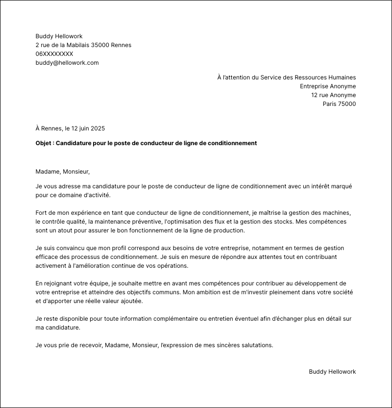 Modèle lettre de motivation Conducteur de ligne de conditionnement Exemple lettre de motivation Conducteur de ligne de conditionnement