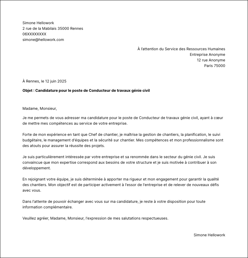 Modèle lettre de motivation Conducteur de travaux génie civil Exemple lettre de motivation Conducteur de travaux génie civil