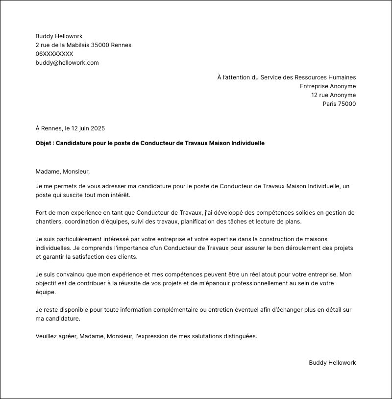 Modèle lettre de motivation Conducteur de travaux maison individuelle Exemple lettre de motivation Conducteur de travaux maison individuelle