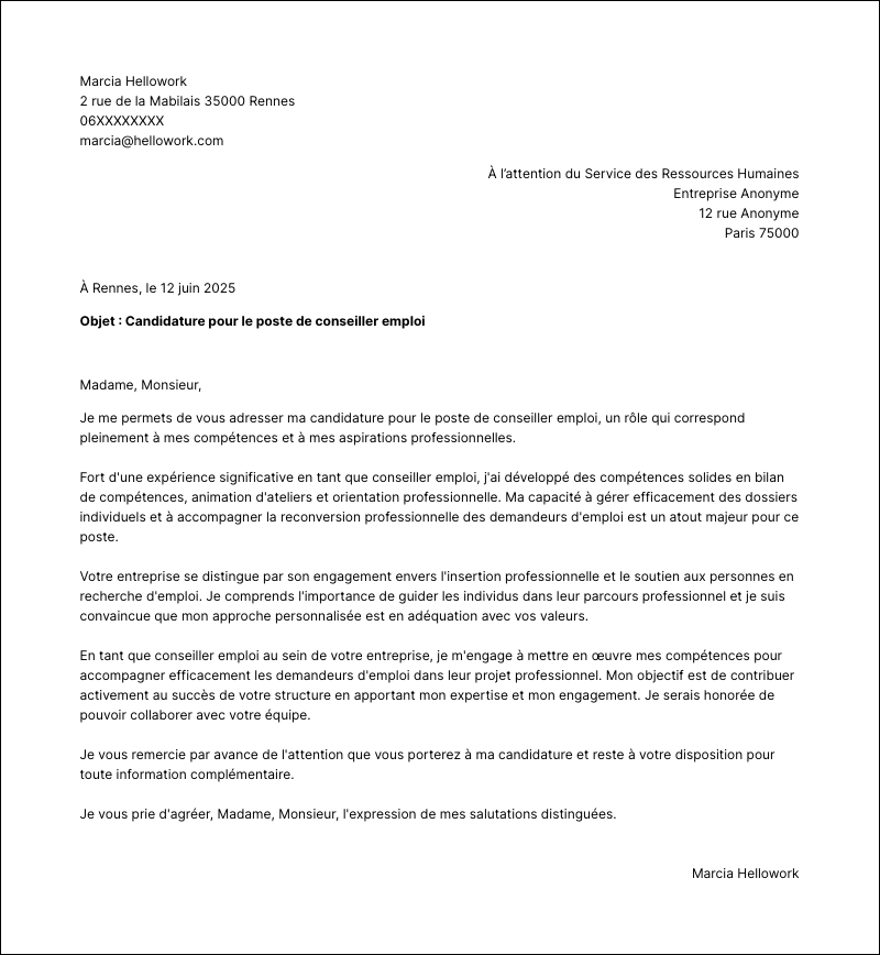 Modèle lettre de motivation Conseiller emploi Exemple lettre de motivation Conseiller emploi
