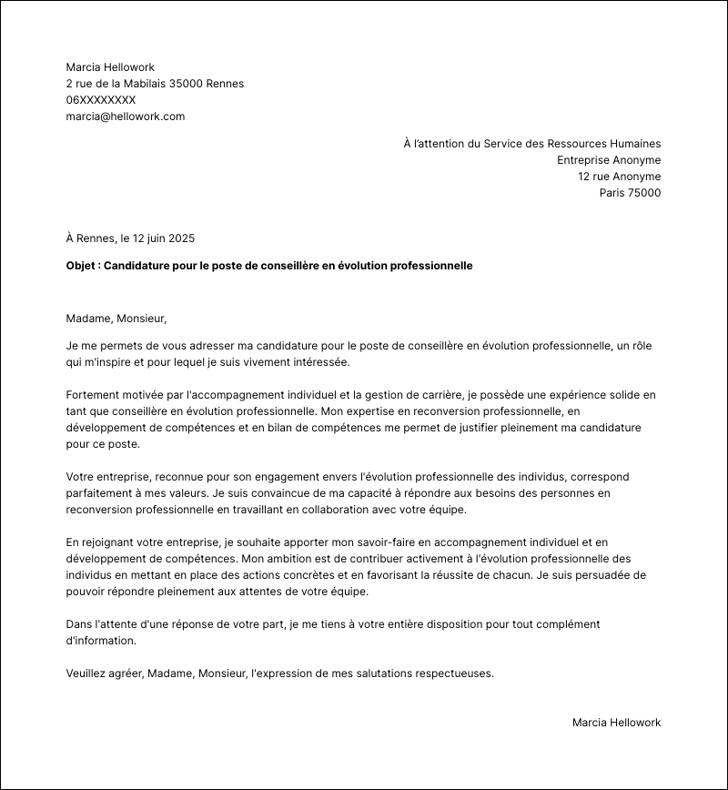 Modèle lettre de motivation Conseiller en évolution professionnelle Exemple lettre de motivation Conseiller en évolution professionnelle