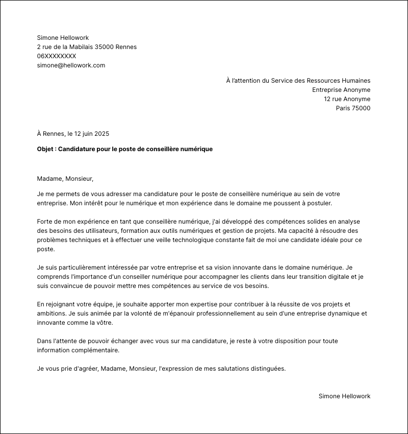 Modèle lettre de motivation Conseiller numérique Exemple lettre de motivation Conseiller numérique