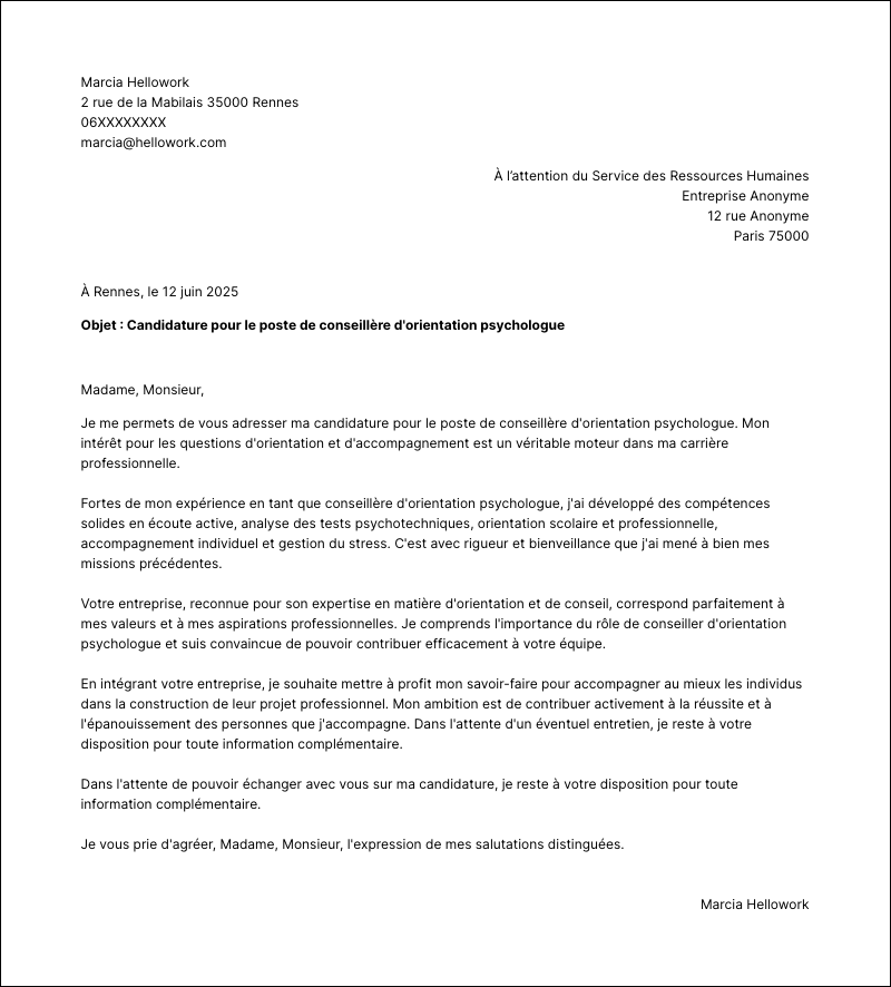 Modèle lettre de motivation Conseiller d'orientation psychologue Exemple lettre de motivation Conseiller d'orientation psychologue