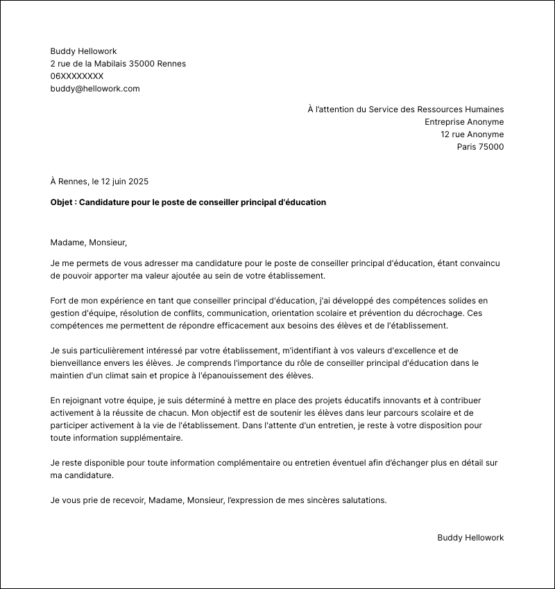 Modèle lettre de motivation Conseiller principal d'éducation Exemple lettre de motivation Conseiller principal d'éducation