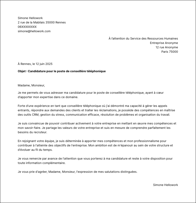 Modèle lettre de motivation Conseiller téléphonique Exemple lettre de motivation Conseiller téléphonique