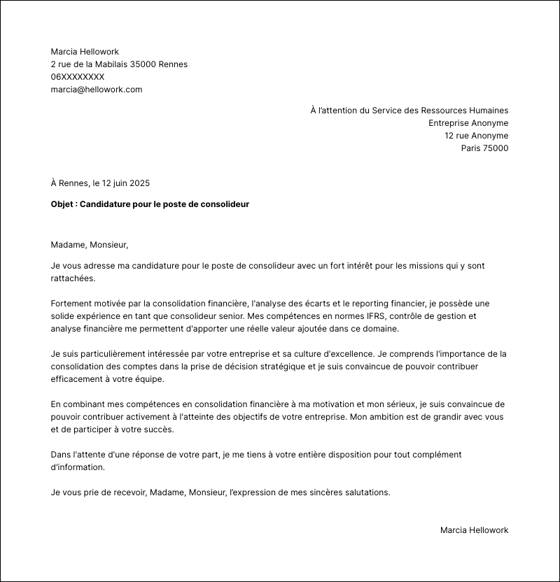 Modèle lettre de motivation Consolideur Exemple lettre de motivation Consolideur