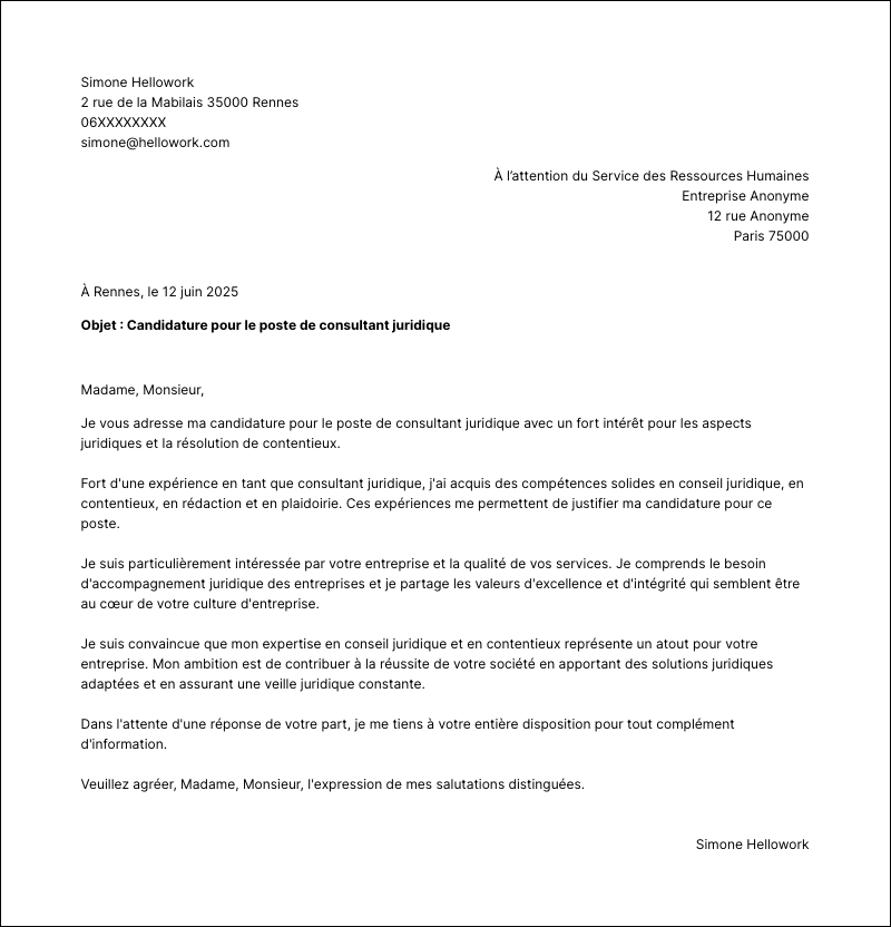Modèle lettre de motivation Consultant juridique Exemple lettre de motivation Consultant juridique