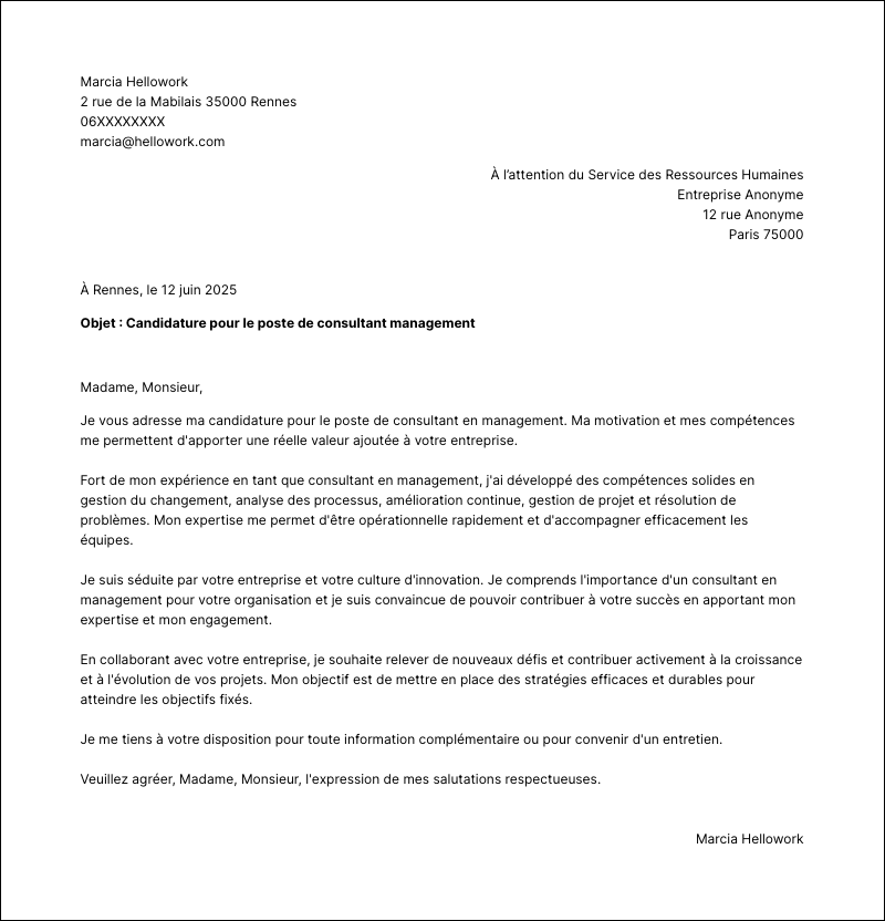Modèle lettre de motivation Consultant management Exemple lettre de motivation Consultant management