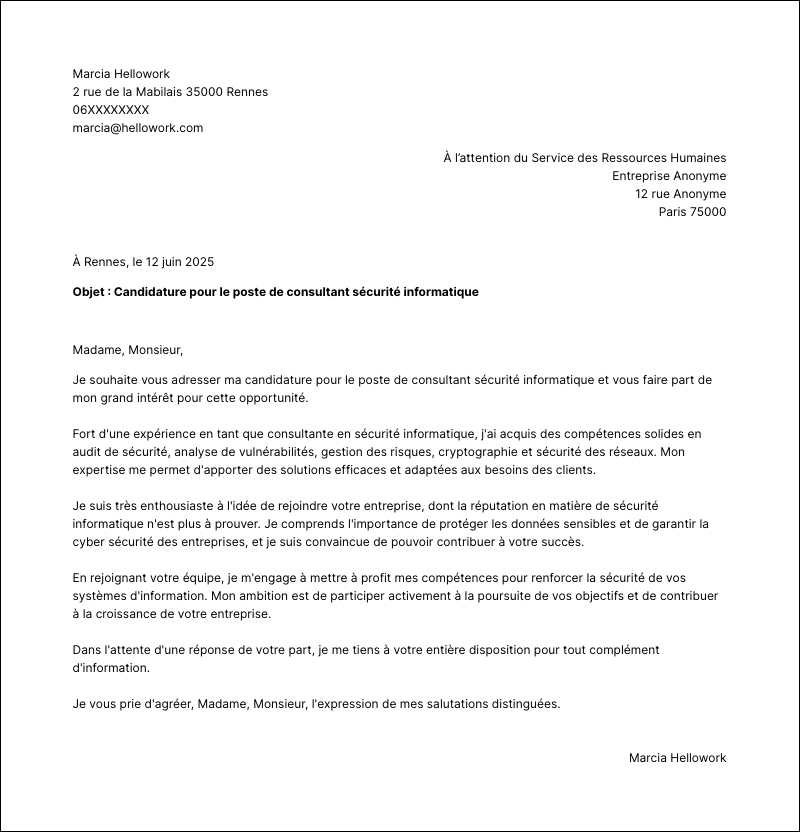 Modèle lettre de motivation Consultant sécurité informatique Exemple lettre de motivation Consultant sécurité informatique