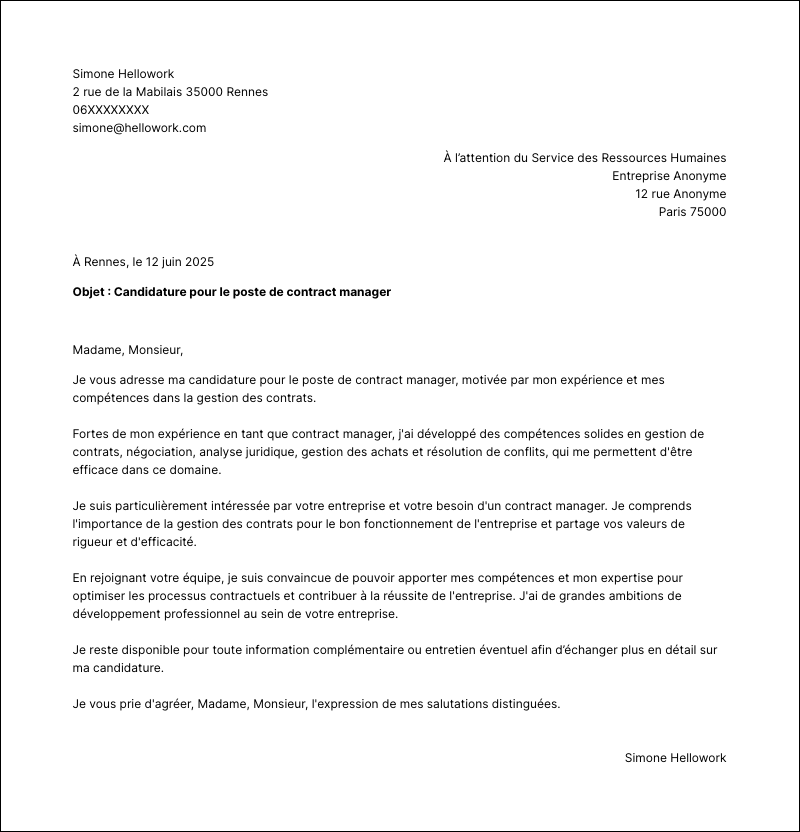 Exemple lettre de motivation Contract manager