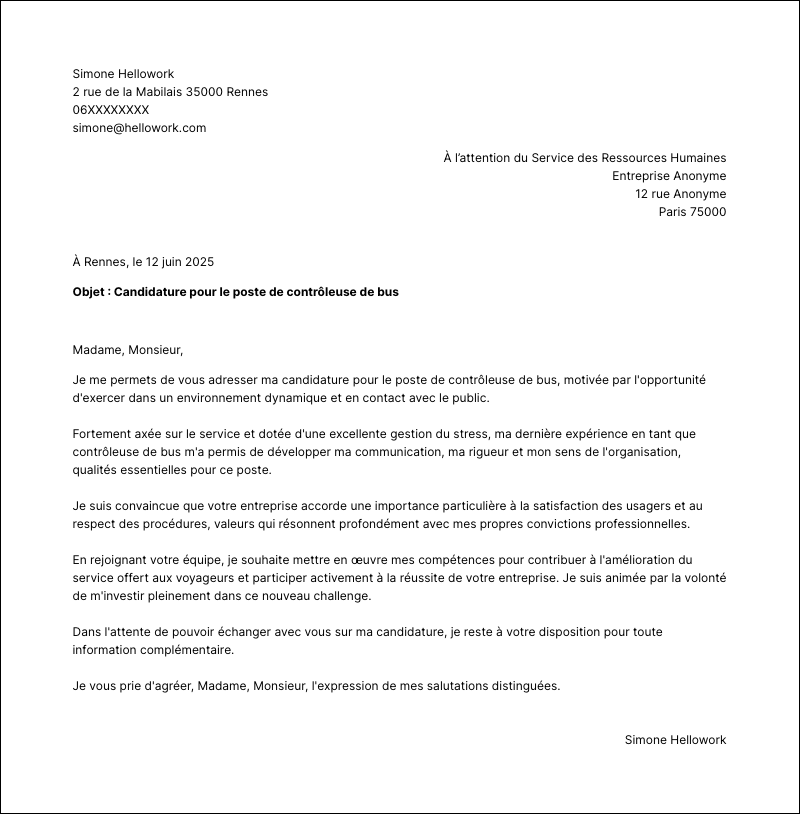 Modèle lettre de motivation Contrôleur de bus Exemple lettre de motivation Contrôleur de bus