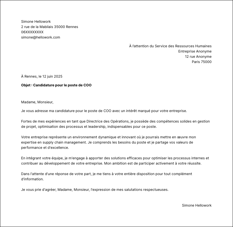 Exemple lettre de motivation COO