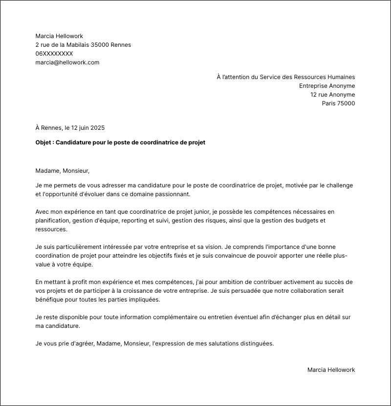 Exemple lettre de motivation Coordinateur de projet