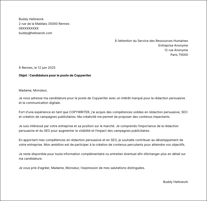 Exemple lettre de motivation Copywriter