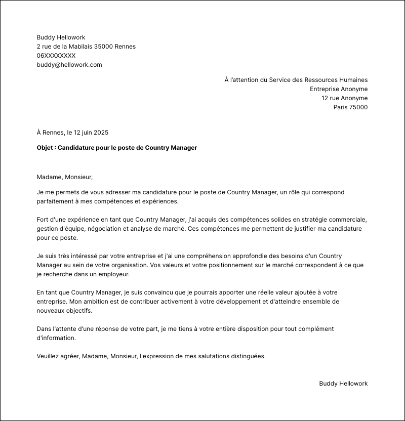 Modèle lettre de motivation Country manager Exemple lettre de motivation Country manager