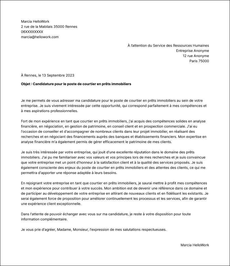 Modèle lettre de motivation Courtier en prêts immobiliers Exemple lettre de motivation Courtier en prêts immobiliers