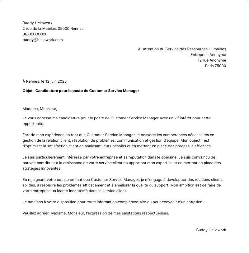 Modèle lettre de motivation Customer service manager Exemple lettre de motivation Customer service manager