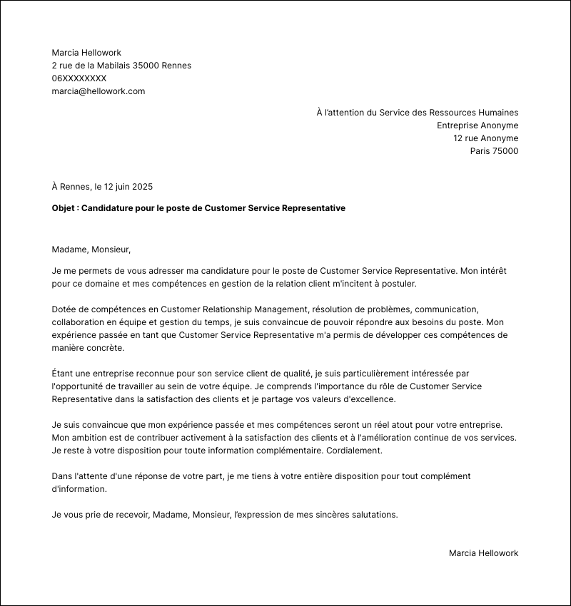 Exemple lettre de motivation Customer service representative