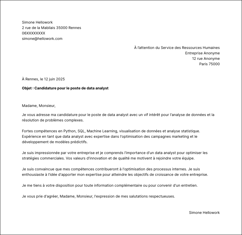 Modèle lettre de motivation Data analyst Exemple lettre de motivation Data analyst
