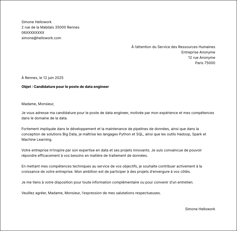 Modèle lettre de motivation Data engineer Exemple lettre de motivation Data engineer