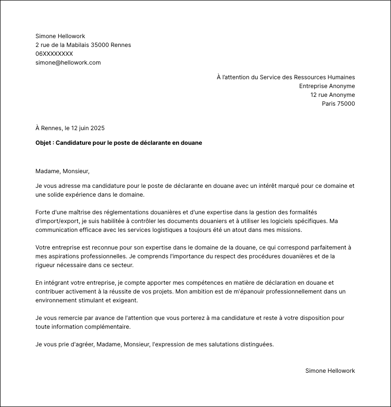 Modèle lettre de motivation Déclarant en douane Exemple lettre de motivation Déclarant en douane