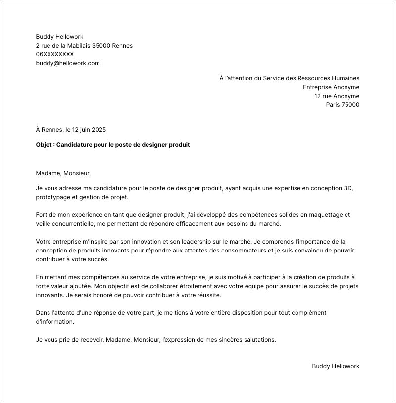 Modèle lettre de motivation Designer produit Exemple lettre de motivation Designer produit
