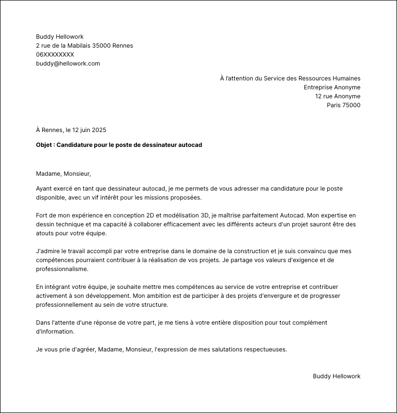 Modèle lettre de motivation Dessinateur Autocad Exemple lettre de motivation Dessinateur Autocad