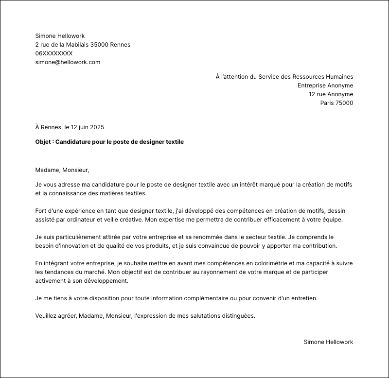 Modèle lettre de motivation Designer textile Exemple lettre de motivation Designer textile