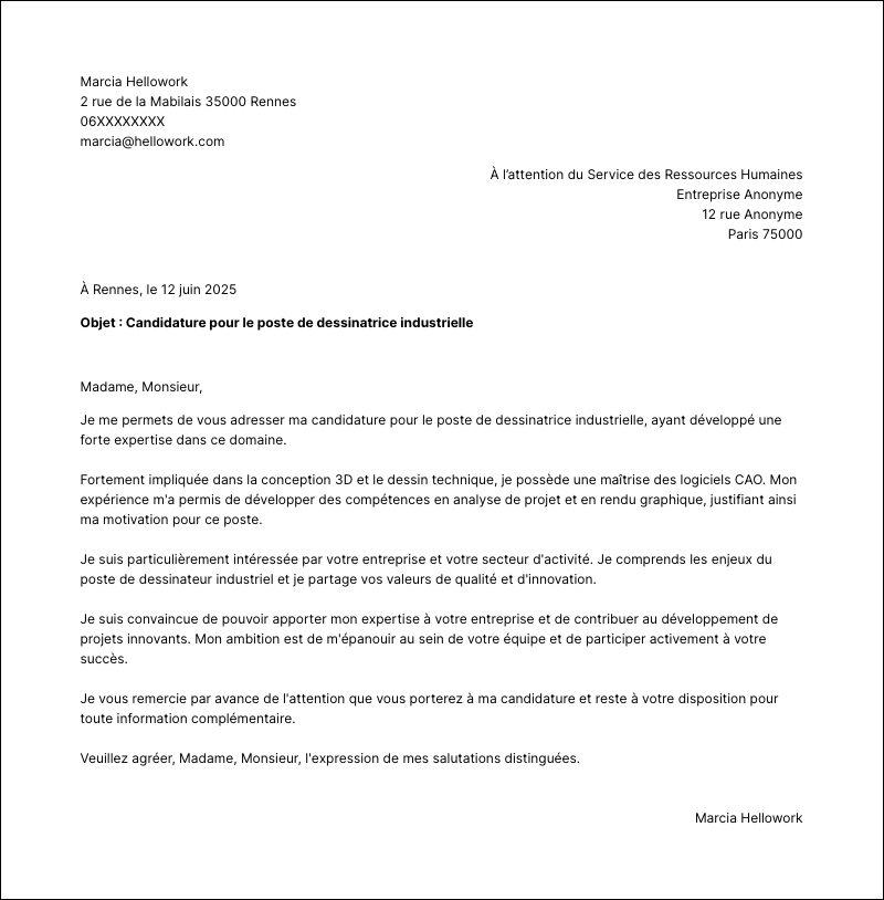 Exemple lettre de motivation Dessinateur industriel